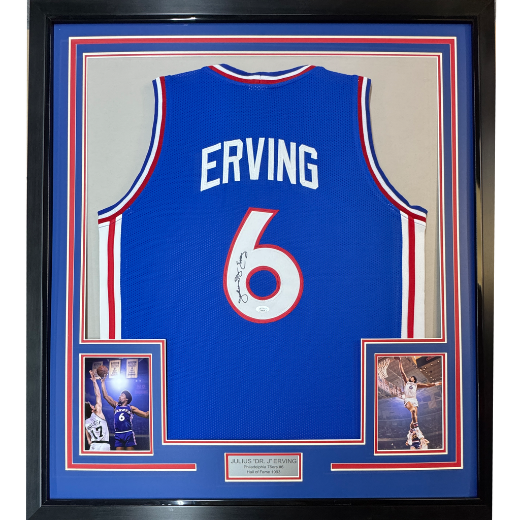 Framed Autographed/Signed Julius Erving Dr. J 35x39 Philadelphia Blue Basketball Jersey JSA COA #2