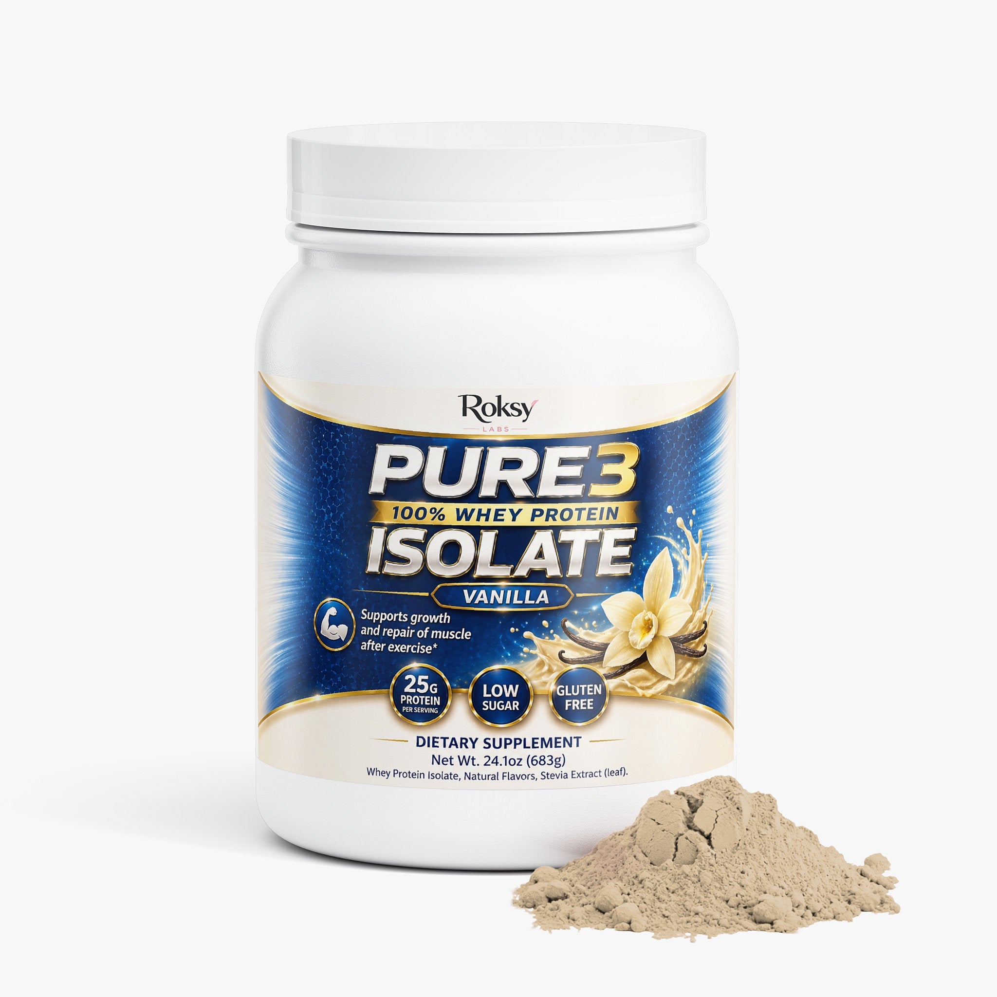 PURE3 Vanilla Protein Whey Powder - 100% Isolate 2 lb